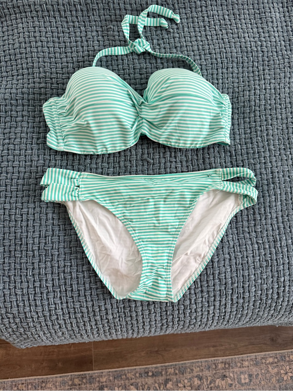 Striped Mint Bandeau Bikini Set with Halter Tie - Women 38C bottom sz 8